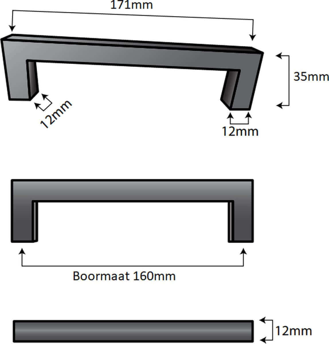 Afmetingen en ontwerp van de 20X Handgreep Zwart 160 mm Zwart Dallas, met duidelijke maatstaven en specificaties.