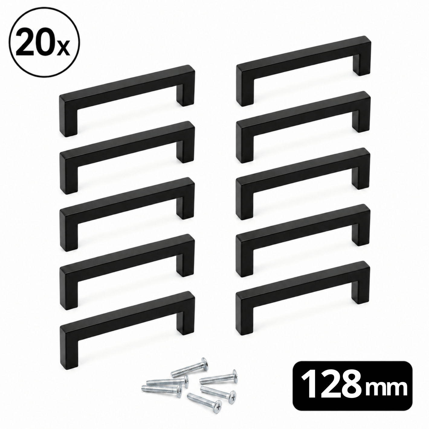 20 stuks handgreep Dallas 128mm mat zwart RVS met rechte strakke belijning en bevestigingsschroeven voor keuken kast en lade