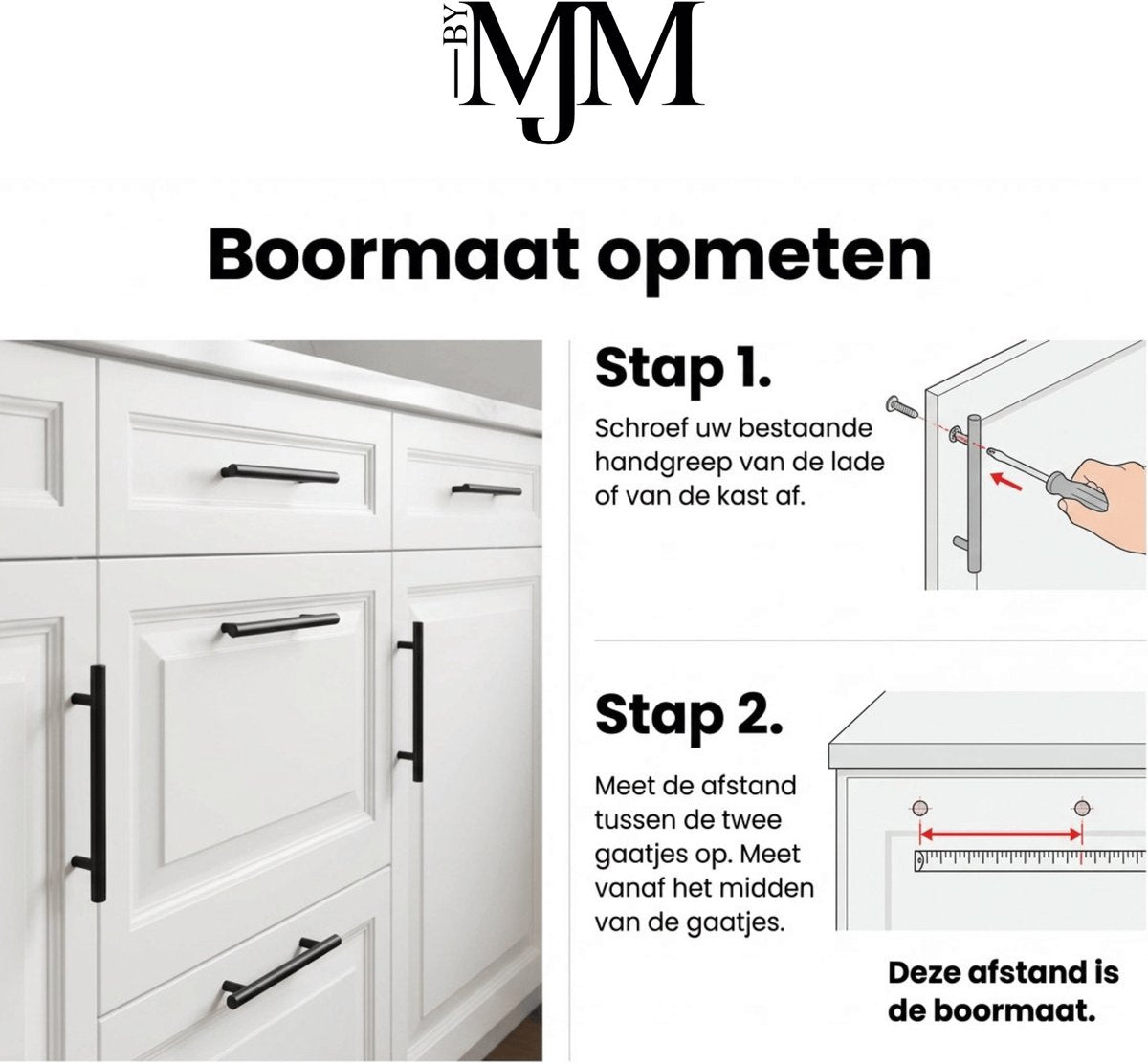 Uitleg boormaat opmeten hart-op-hart afstand voor handgreep montage